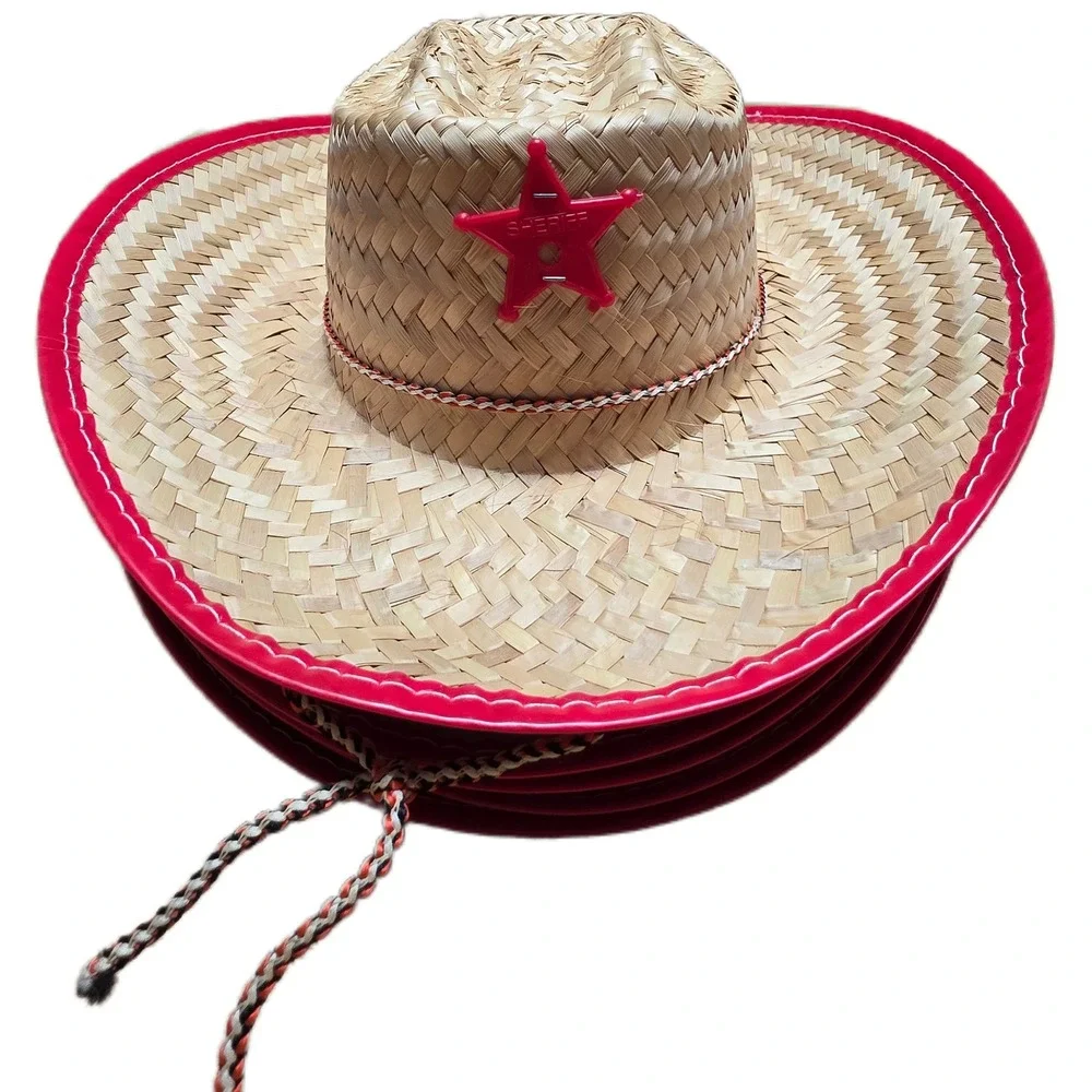 Cowboy‎ Sheriff Woven Straw Hat Kids Red Blue Star Chin Strap